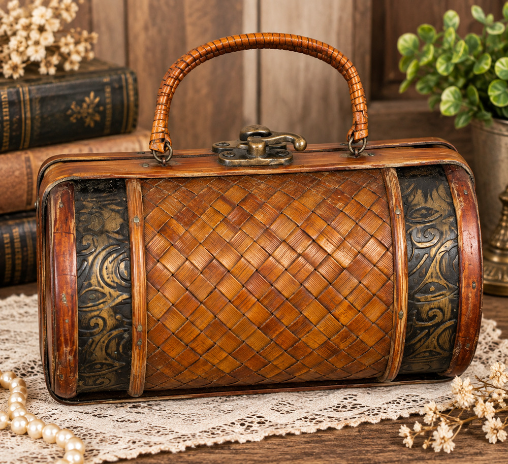 Woven Wood Handbag Trinket Box Basket Purse Ornate Raffia Wrapped Handles